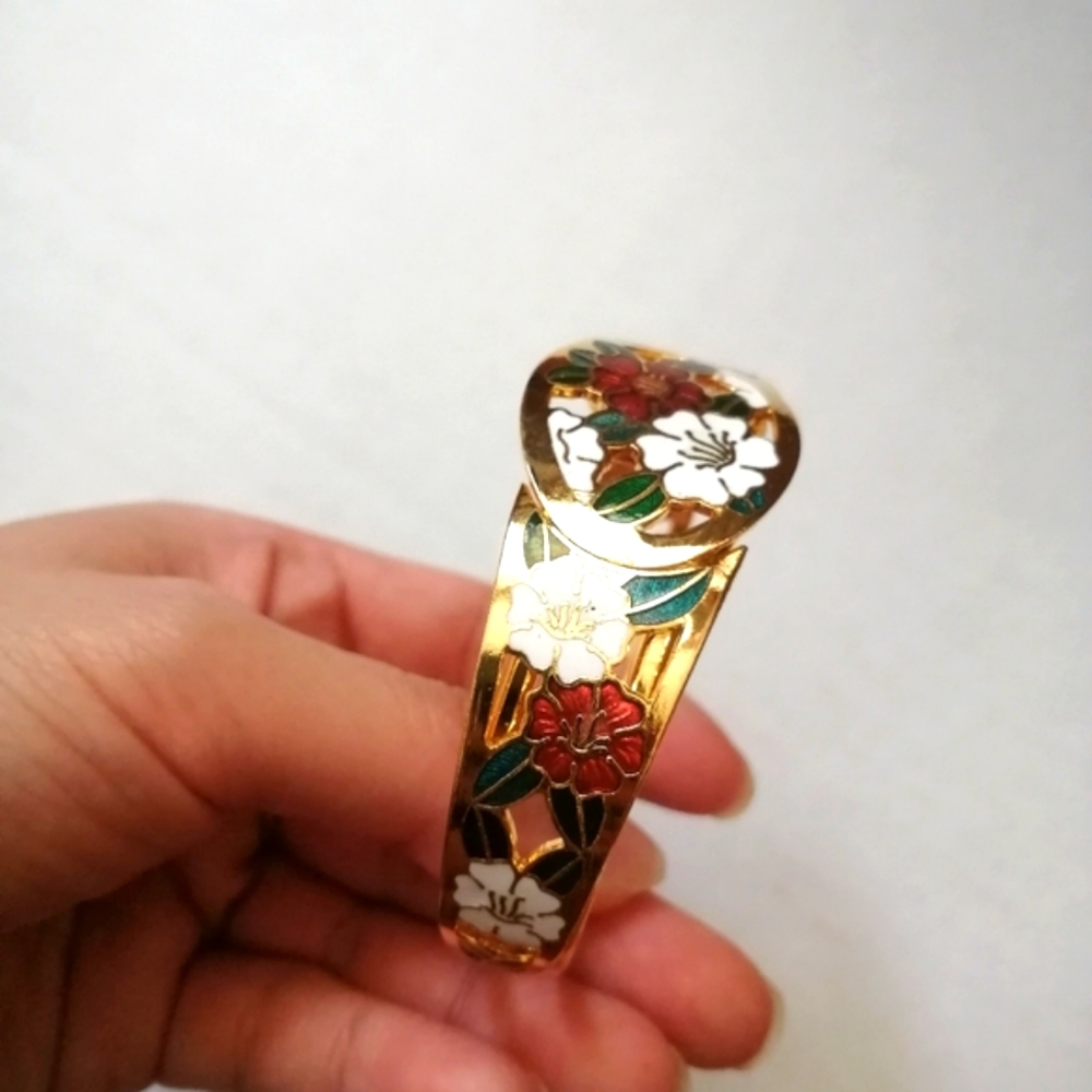 Vintage 1970's Enamel Cloisonne Goldtone Flower Hidden-hinge Bracelet - Picture 3 of 5